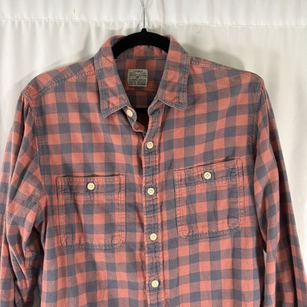J Crew Flannel Slim Fit Button Down Shirt Men's Medium Orange Plaid Long Sleeve - Picture 4 of 10